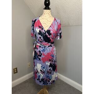 VGUC Robert Graham Wrap Dress Cotton Floral Purple Pink Blue Womens Belt Sz 14